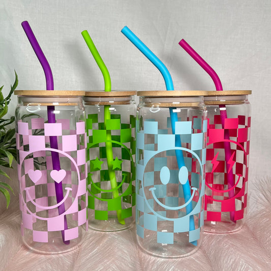 Checkered Smiley Face Glass Can Cups